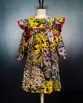 Robe en Wax avec des manches longues imprimé jaune et rose
