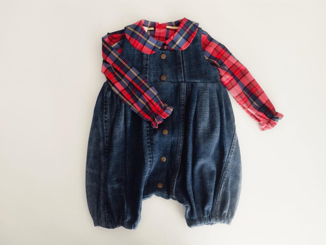 ensemble 2 pièces pour bébé en jean et carreaux écossais rouge