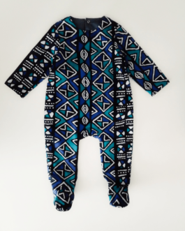 pyjama pour bébé en Wax bleu indigo imprimé géométrique type "Bogolan"