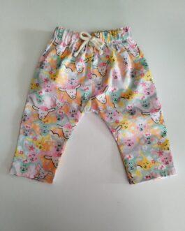 pantalon pour bébé fille en coton imprimé avec des moutons stylisés rose et jaune