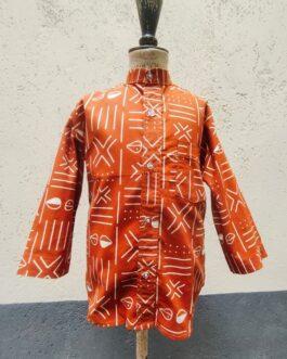Chemise en Wax manches 3/4 avec un col Mao de couleur brique