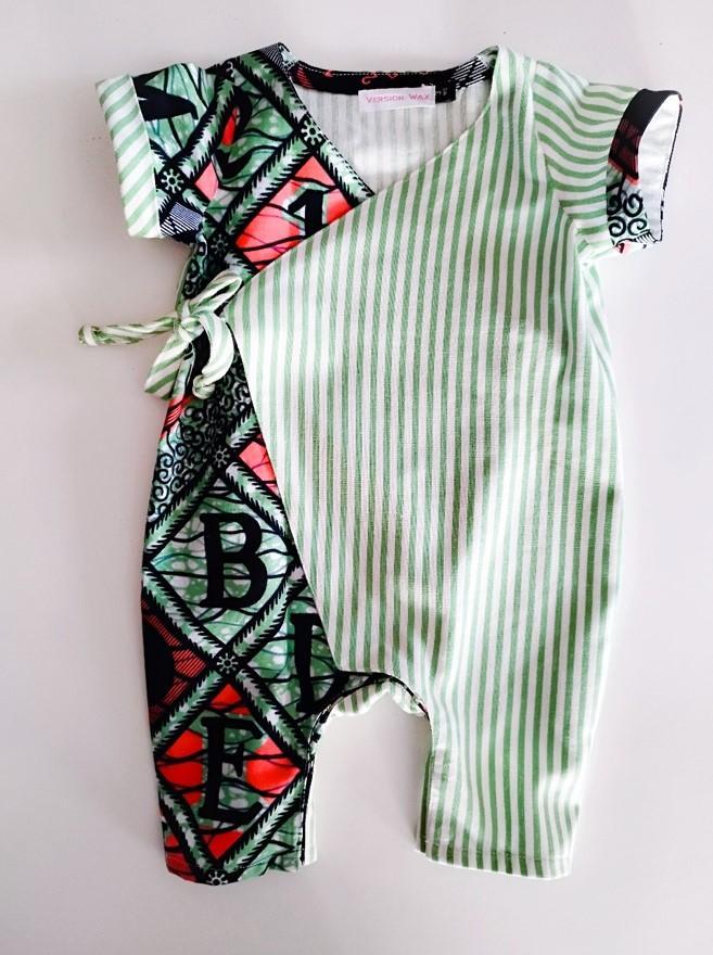 combi pour bébé rayé et en Wax vert