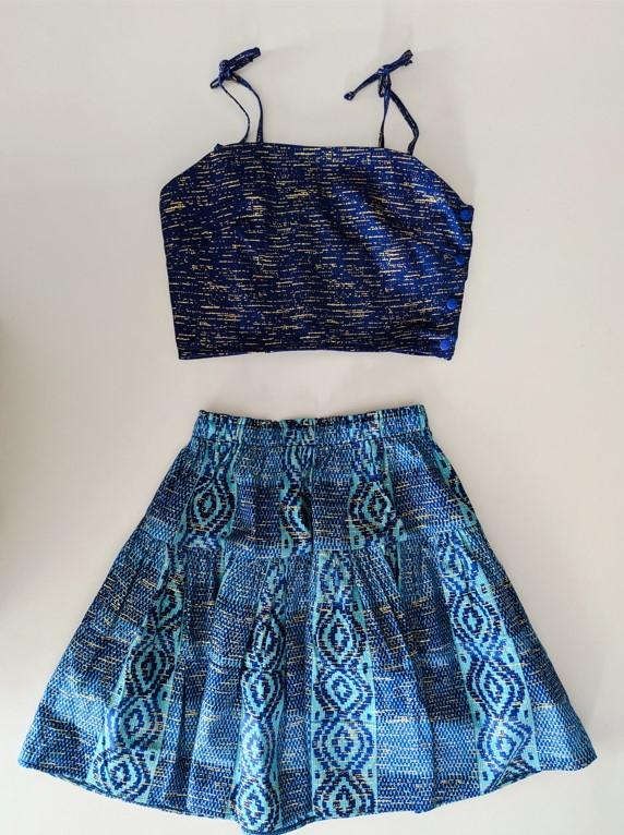 ensemble top et jupe en Kente bleu marine et doré