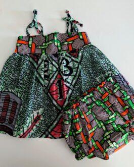 ensemble robe et culotte pour bébé en Wax de couleur verte avec des touches d'orange